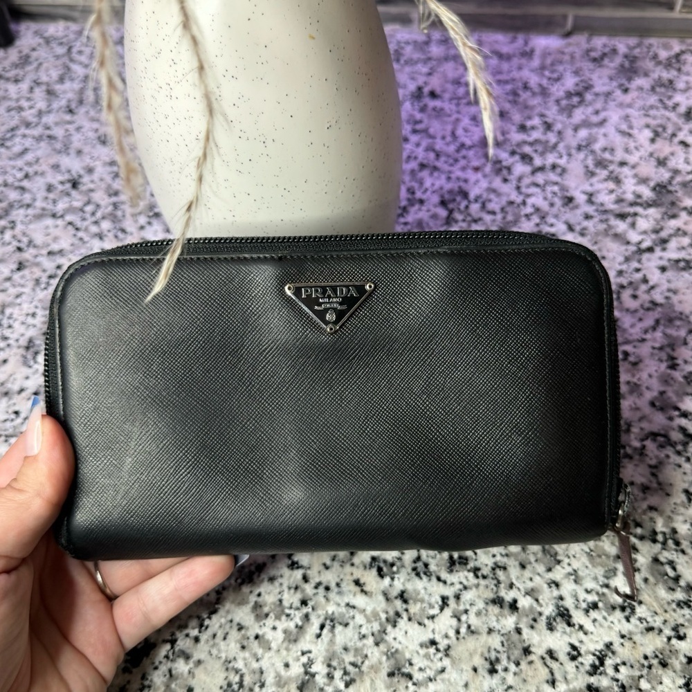 Prada | Black Zip Around Wallet Saffiano Leather Long